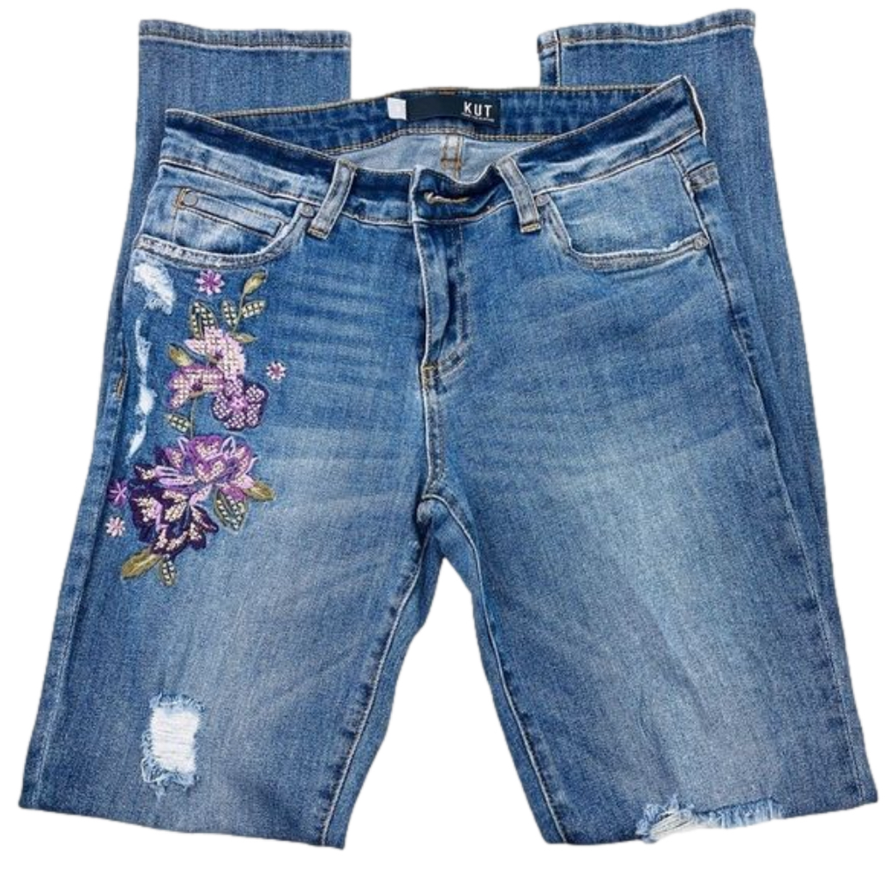 KUT From The Kloth Catherine Size 28 Boyfriend Distressed Embroidered Blue Jeans